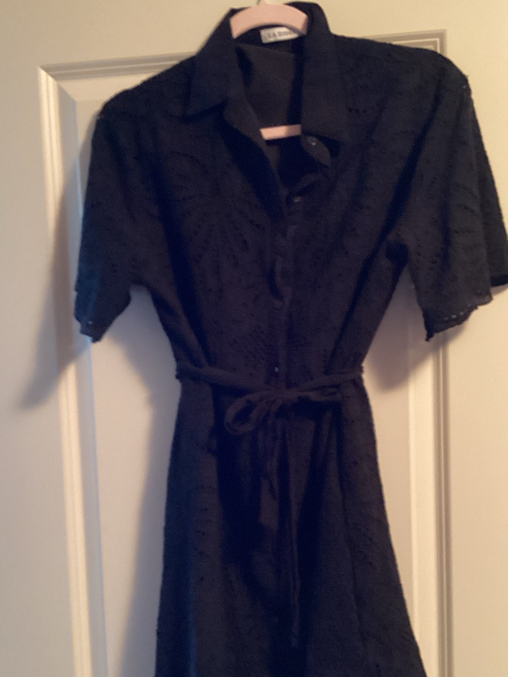 LAUREN Ralph Lauren Black Eyelet Midi Shirt Dress with Waist Tie